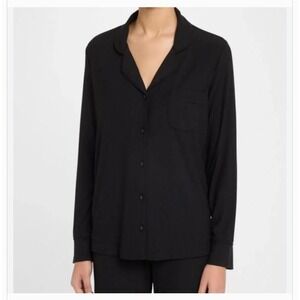 Skims Black Ribbed Knit Loungewear V-Neck Front button Long Sleeve Shirt  L
